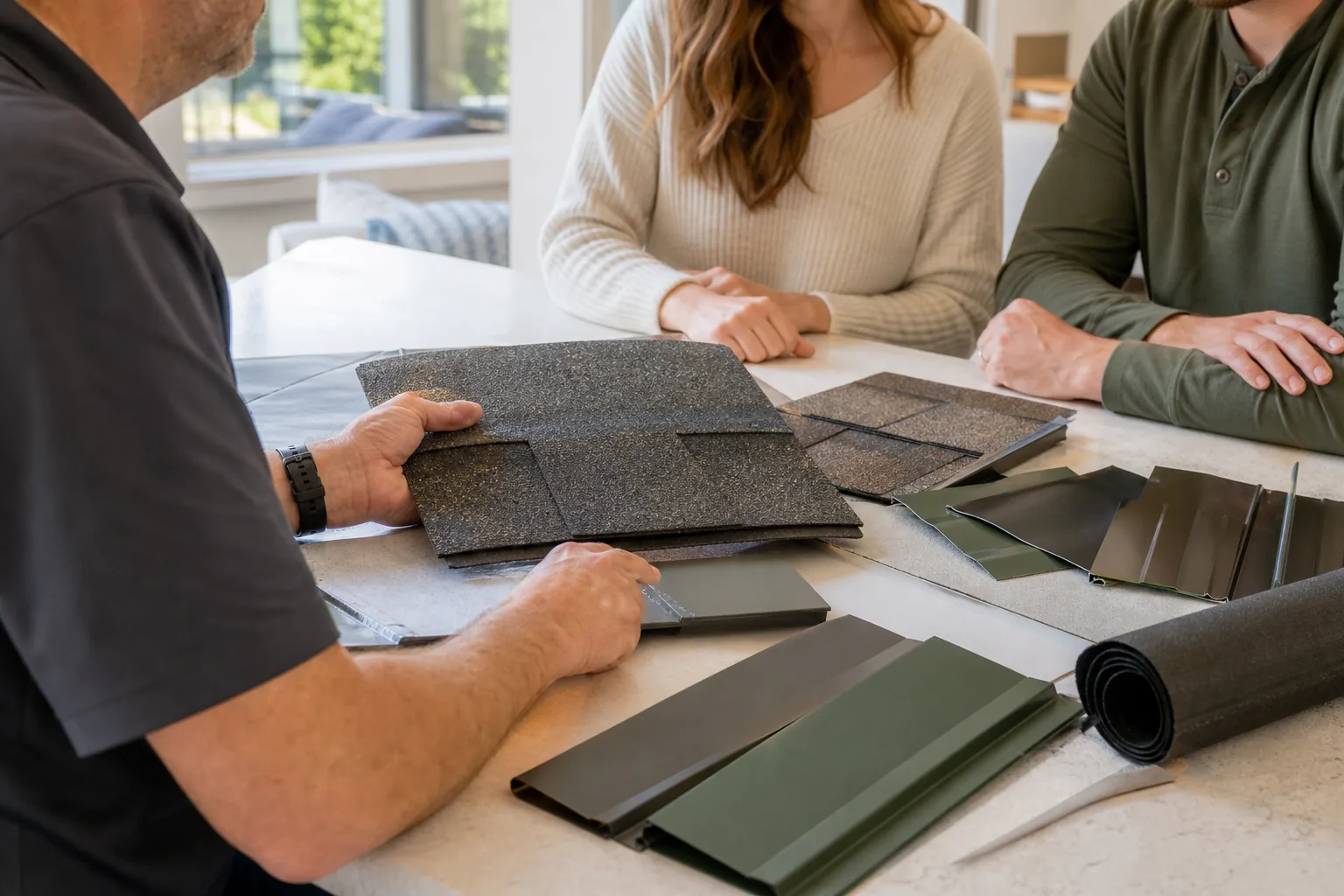 Roofing advisor explaining material and system options at a sample table