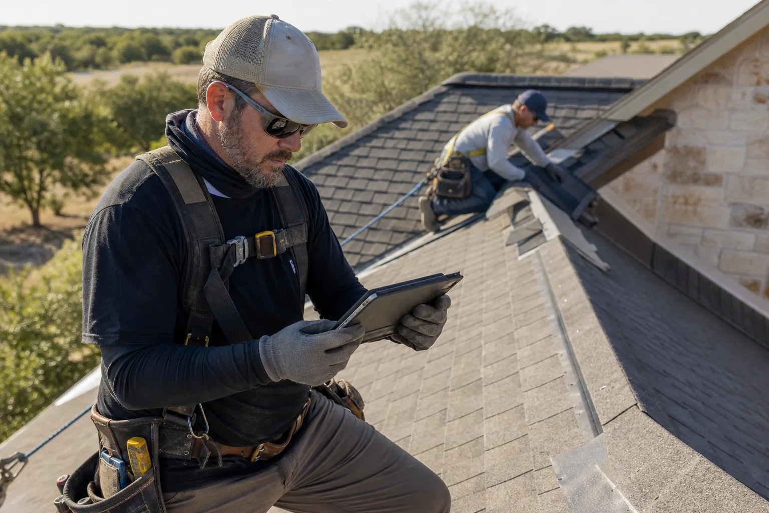 Roofing project lead checking installation details during quality control