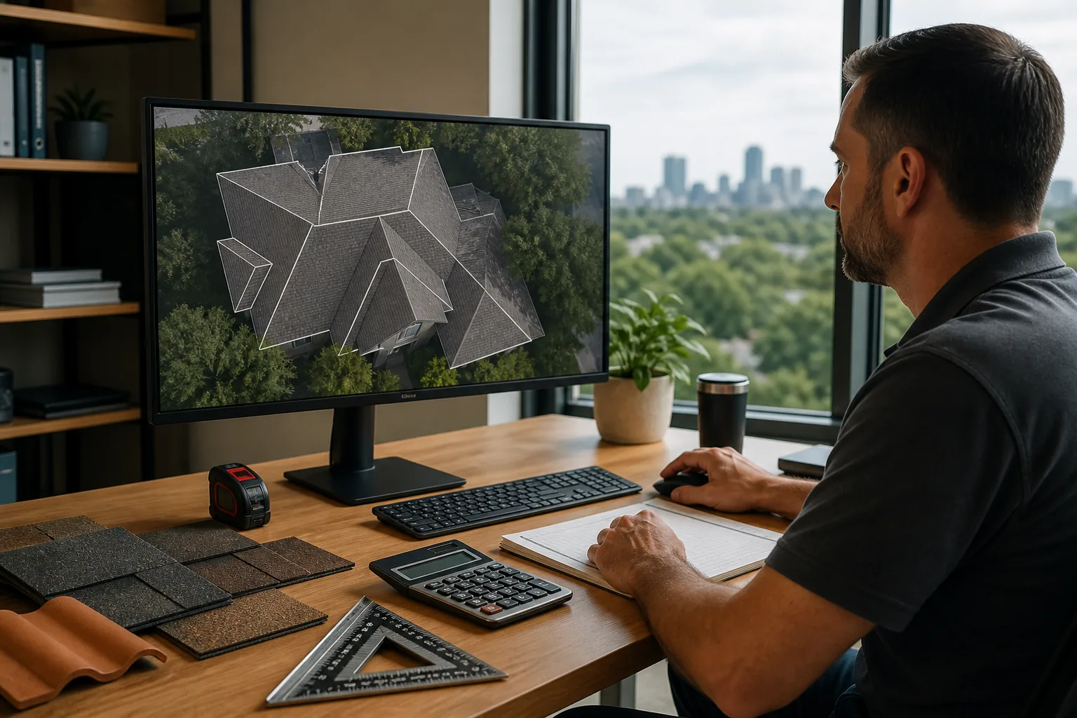 Roofing specialist reviewing a measured replacement scope at a kitchen table