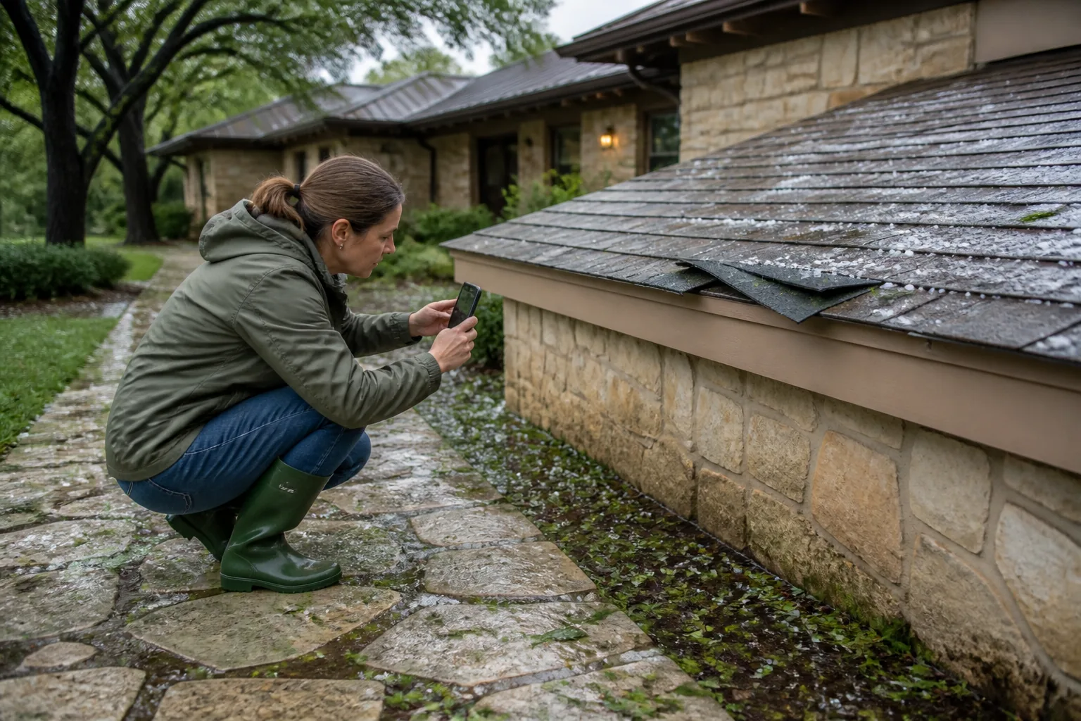 Homeowner safely documenting visible storm conditions from the ground after hail
