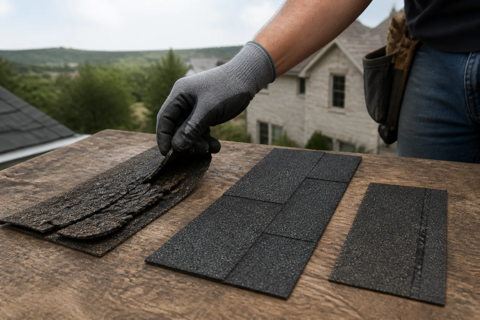Roofing specialist explaining localized damage and remaining roof life to a homeowner
