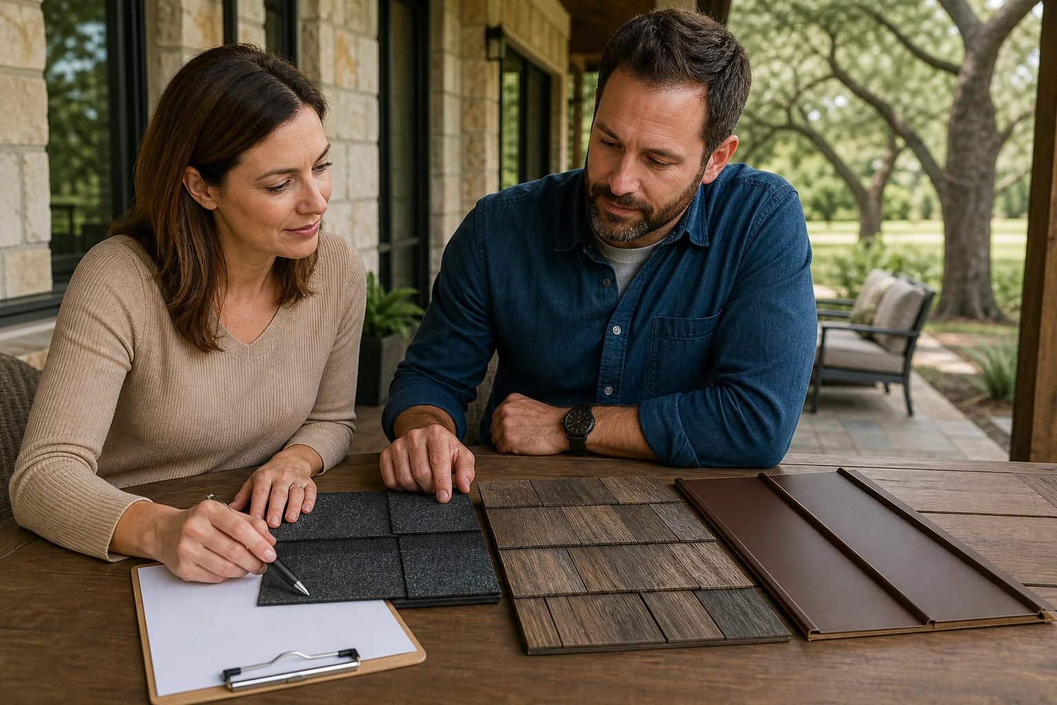 Homeowner comparing two detailed roofing proposals and material samples