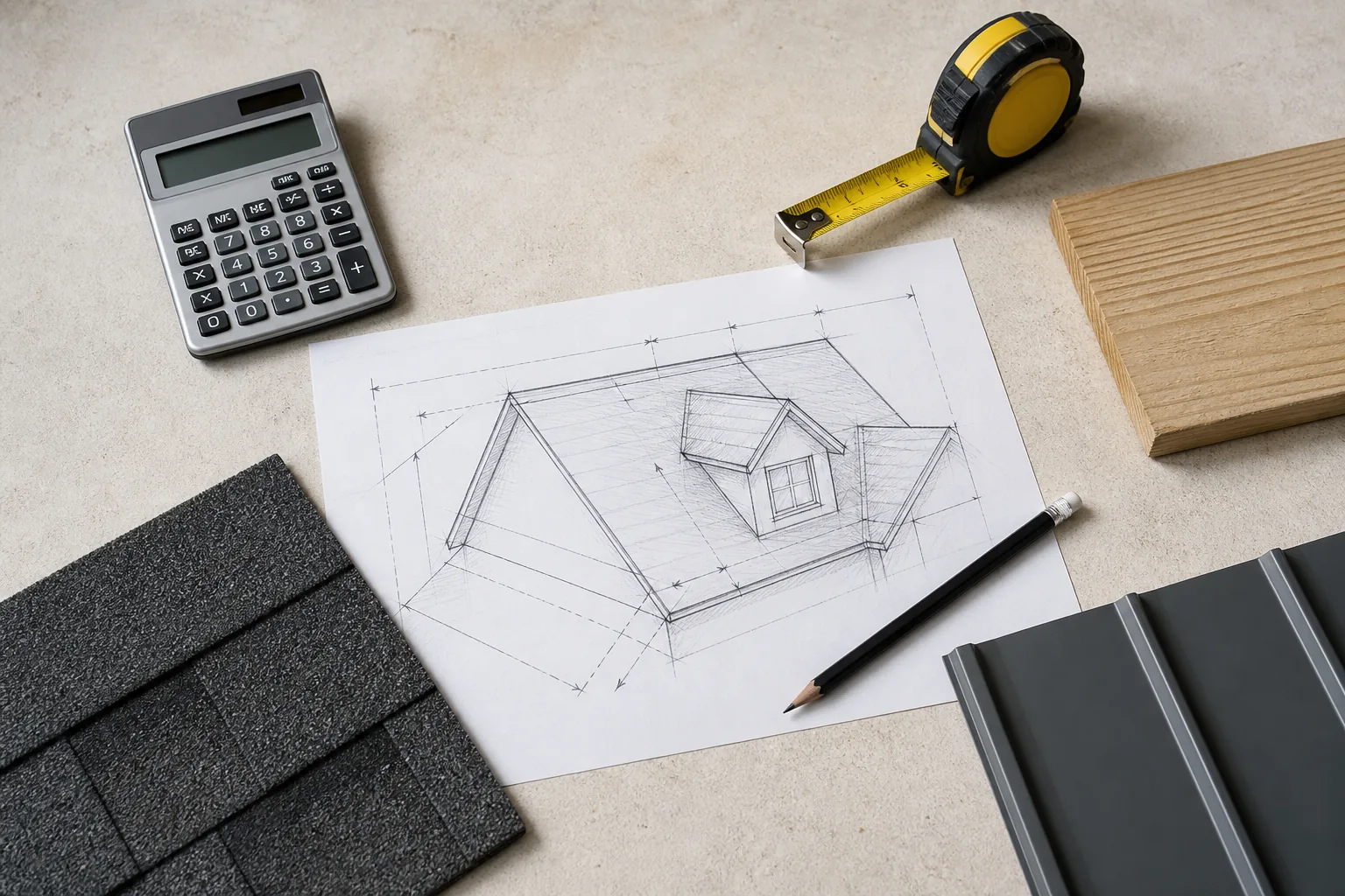 Roofing measurement tools, material samples, and a calculator arranged for cost planning