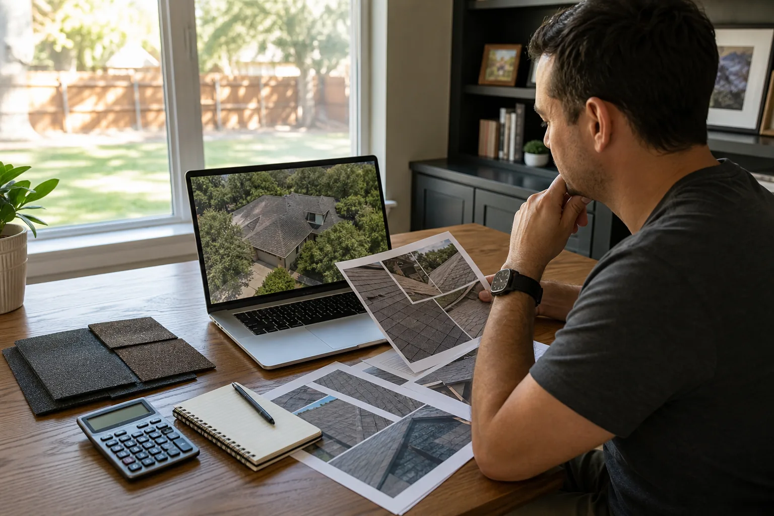 Homeowner researching roofing options with organized samples and notes