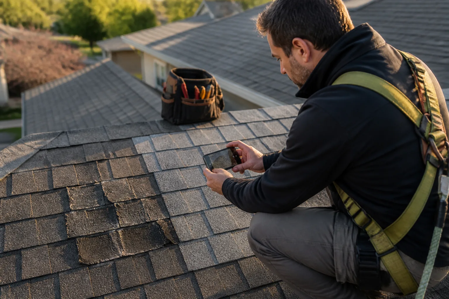 Healthy and worn shingle samples compared during a roofing evaluation