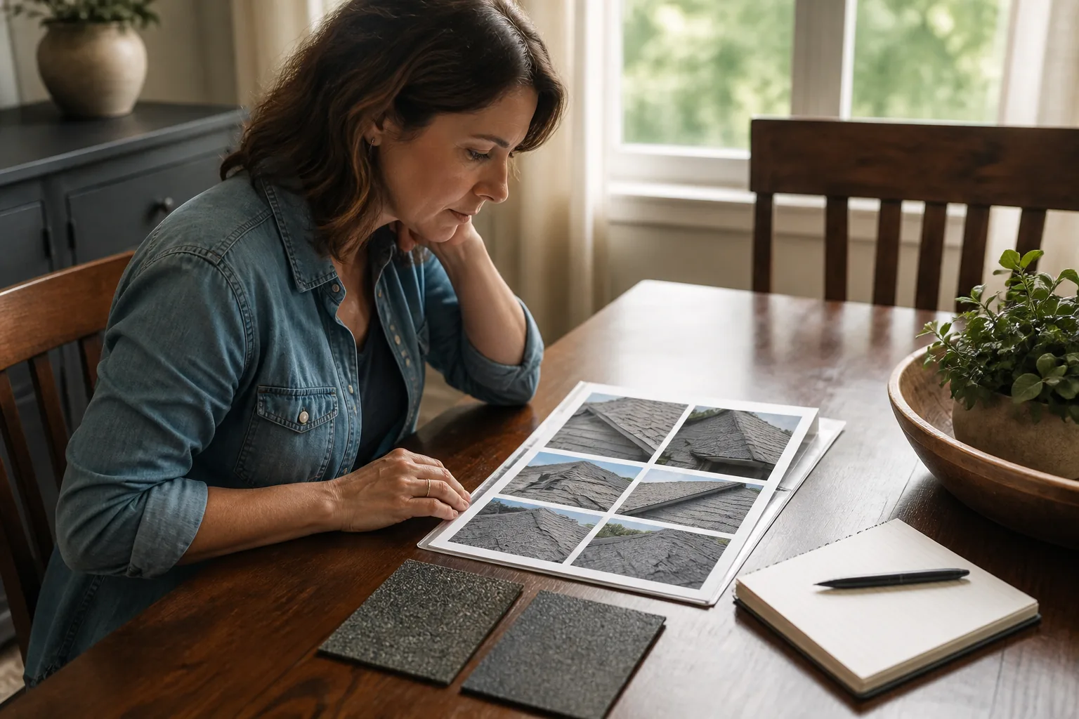 Homeowner and roofing specialist comparing repair and replacement findings
