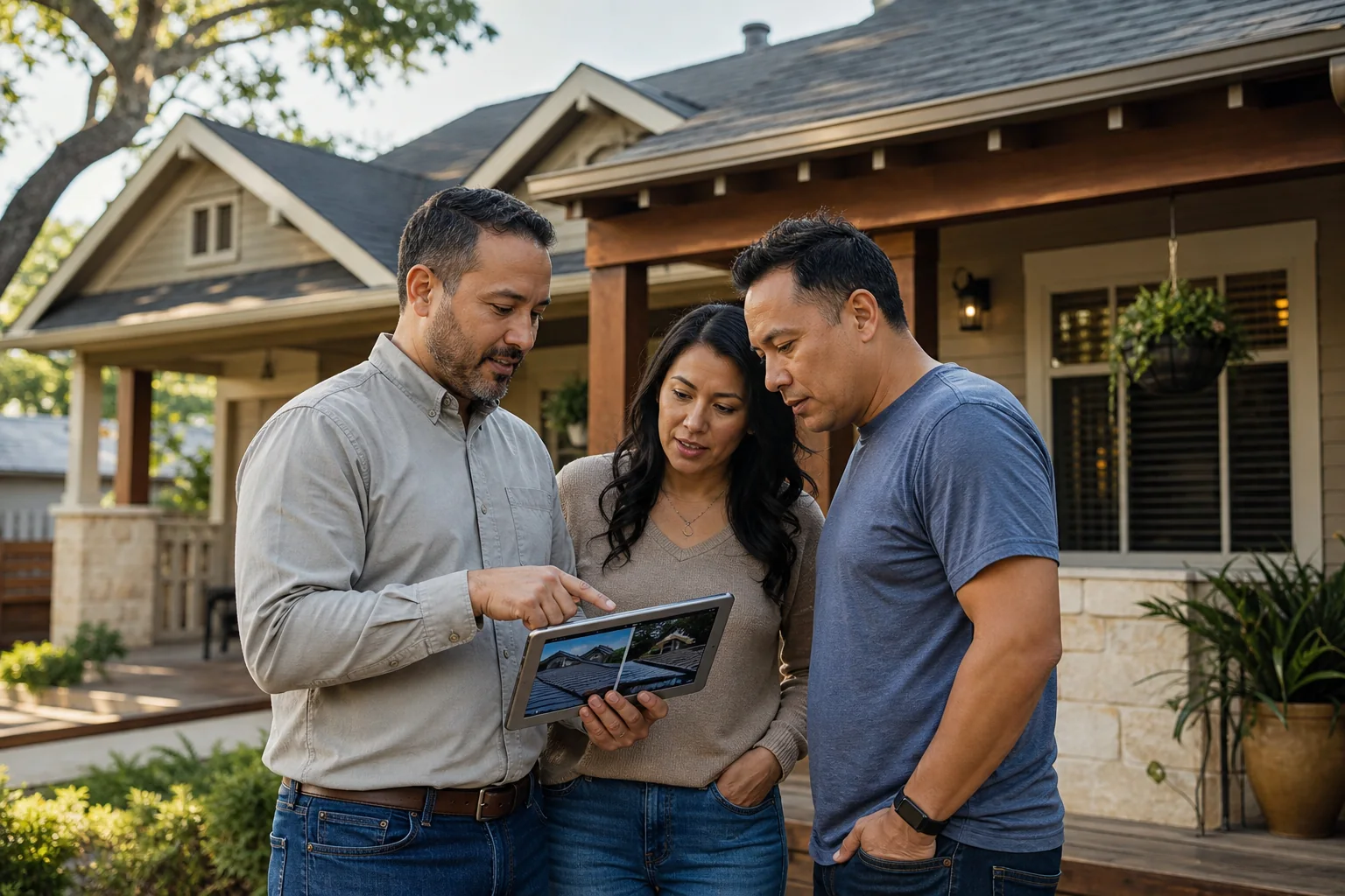 Roofing specialist showing inspection findings to a homeowner couple