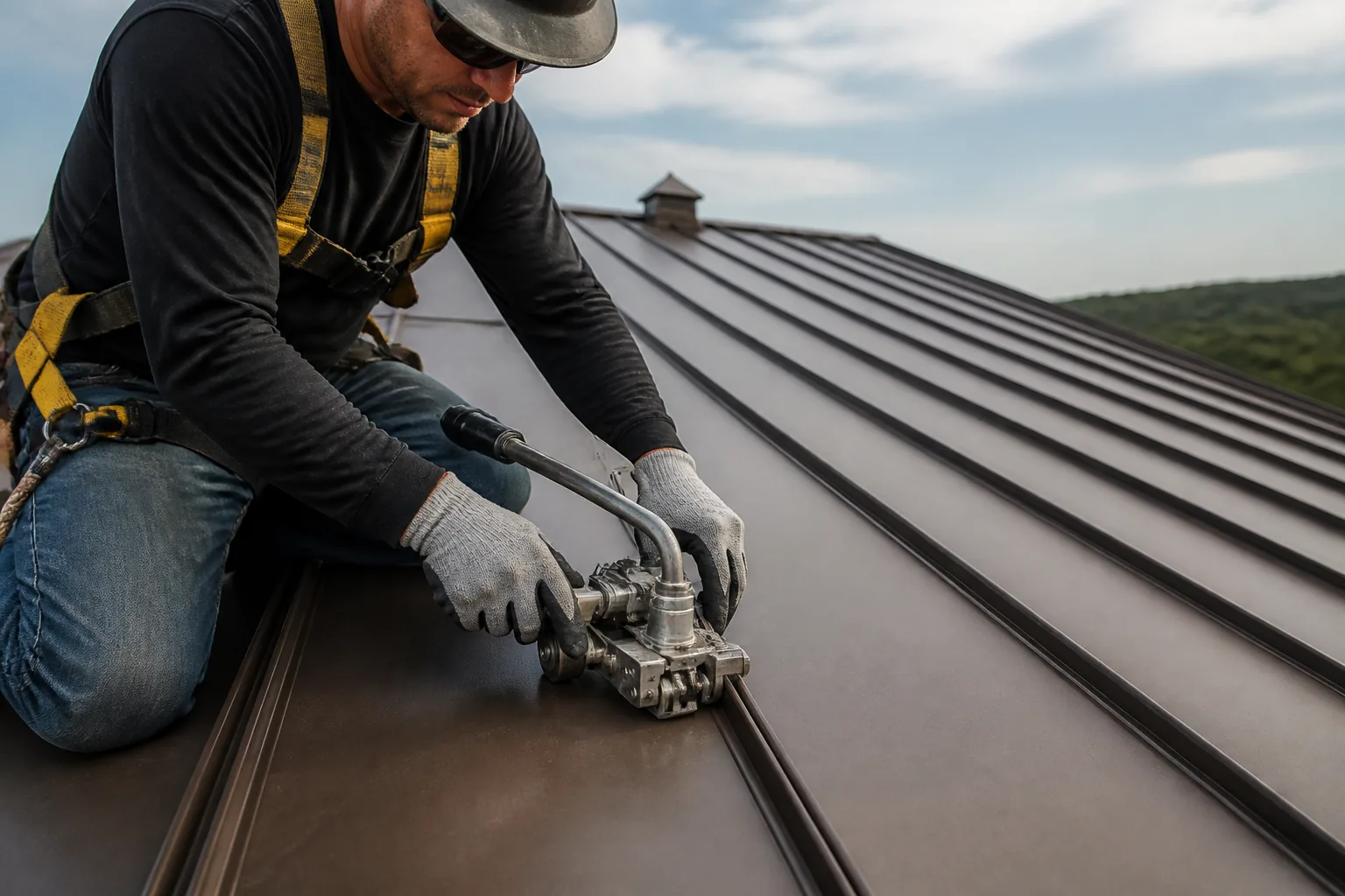 Roofing technician mechanically seaming concealed-fastener metal roof panels
