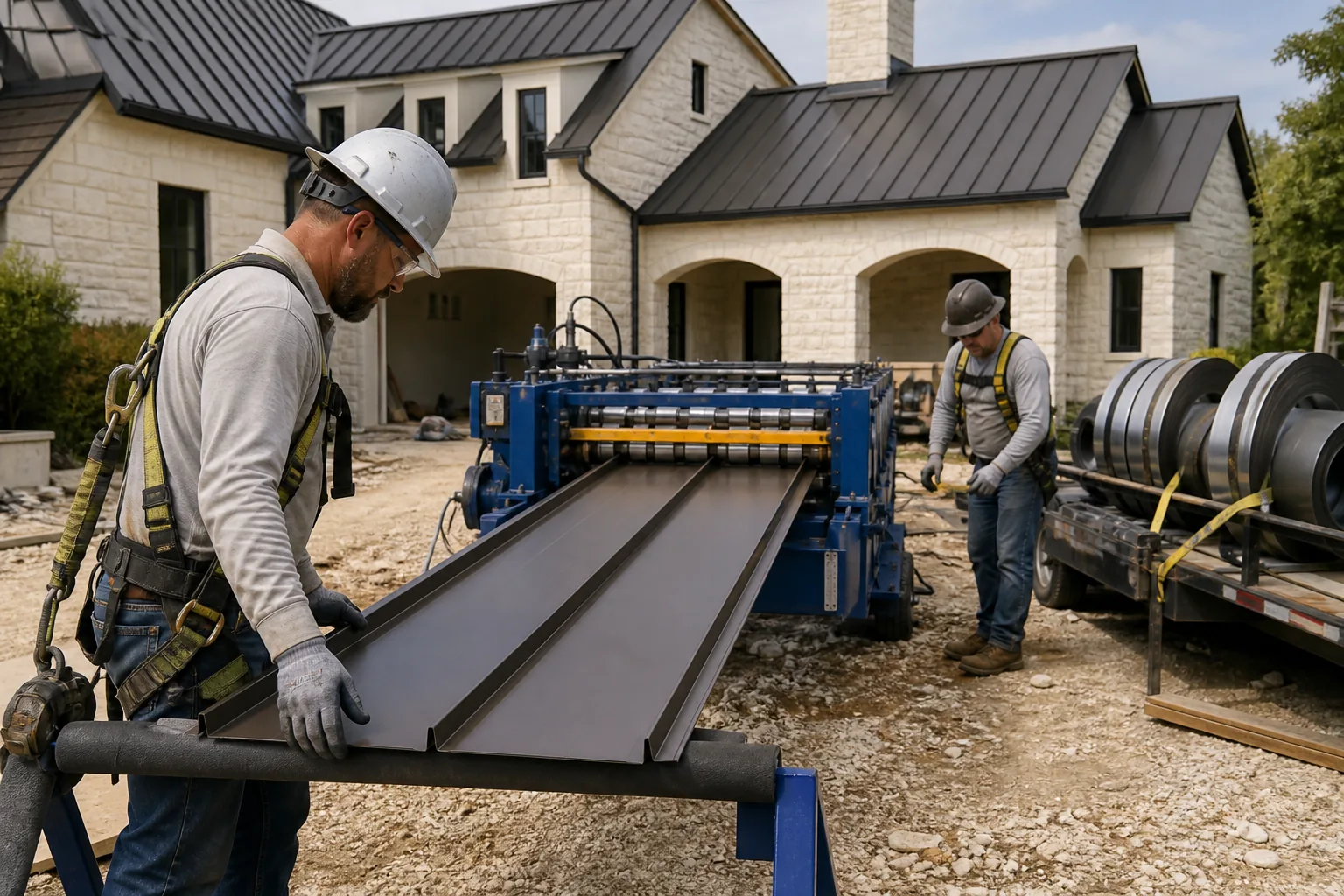 Roofing crew roll-forming standing-seam panels beside a Hill Country residence