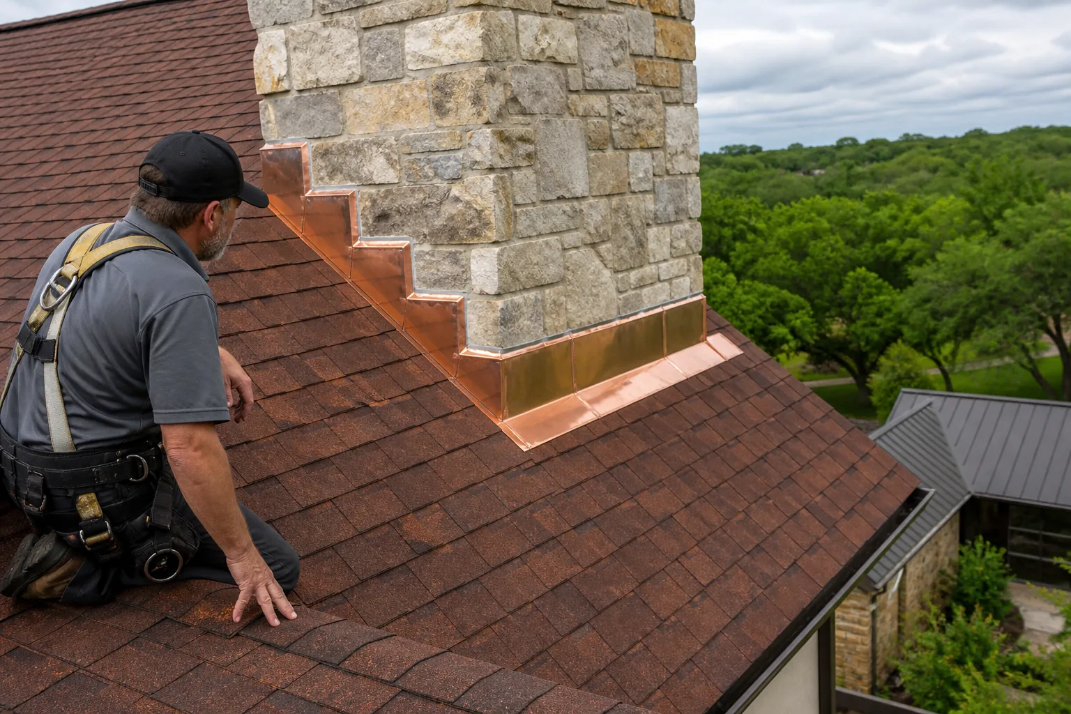 Completed chimney flashing repair with new shingles neatly integrated