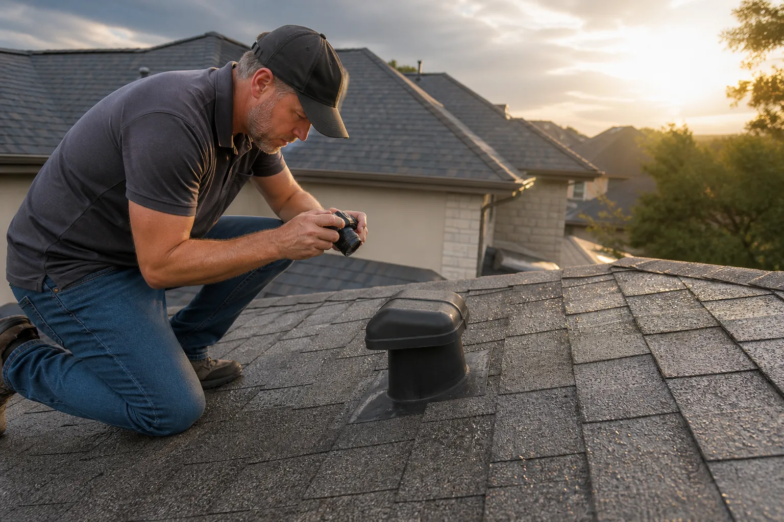 Roofing specialist recording storm conditions across a Lakeway roof plane