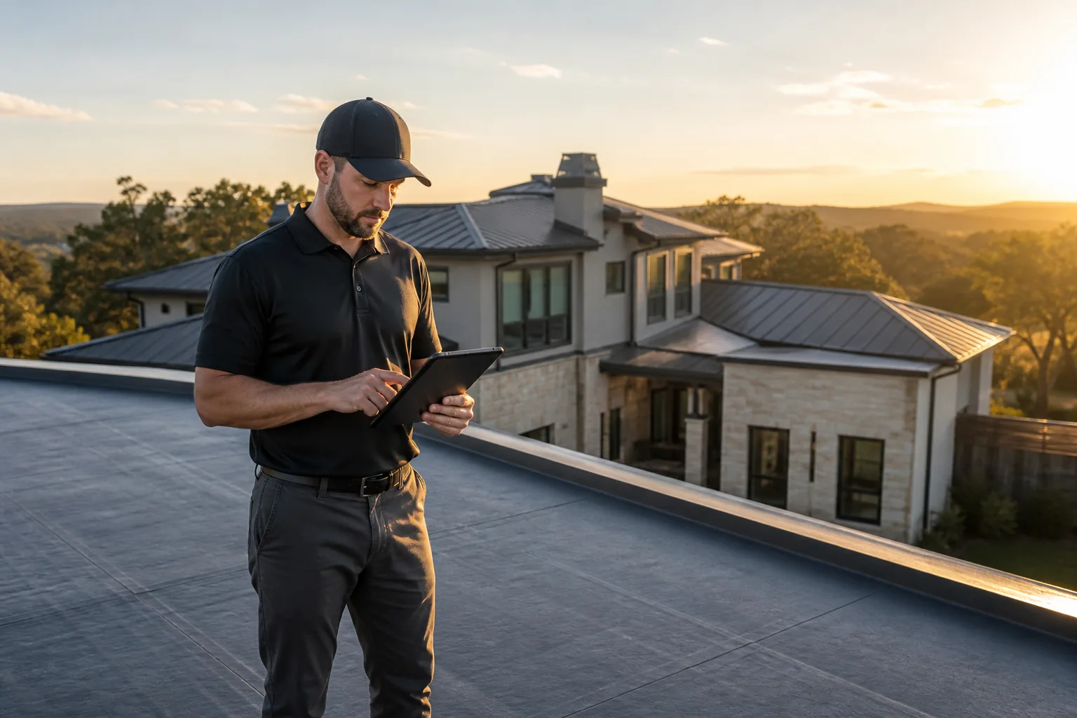 Roofing project lead performing a final inspection on a completed Austin roof