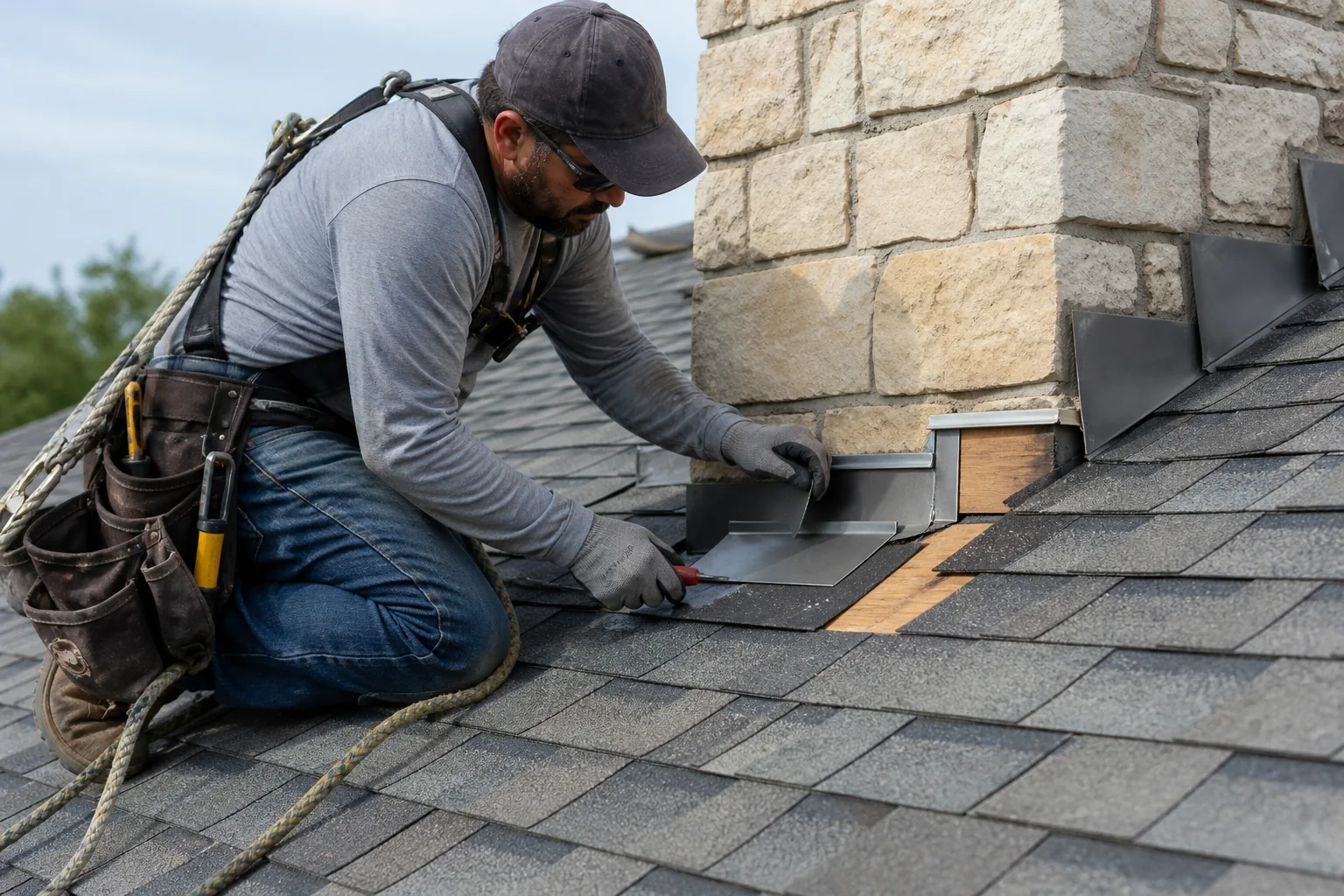 Roofing specialist rebuilding step and counterflashing around a masonry chimney