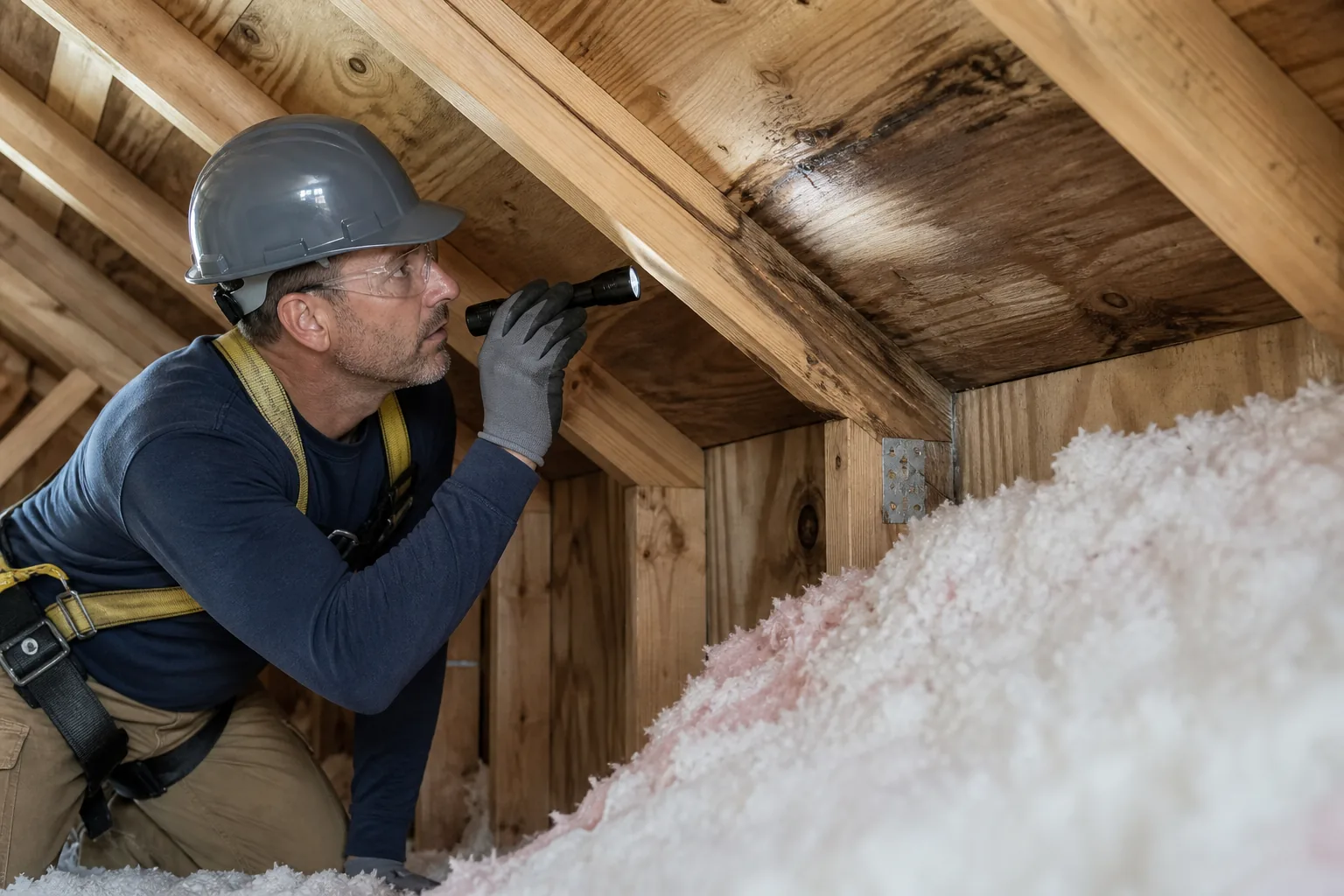 Roofing technician tracing an attic leak with moisture diagnostics