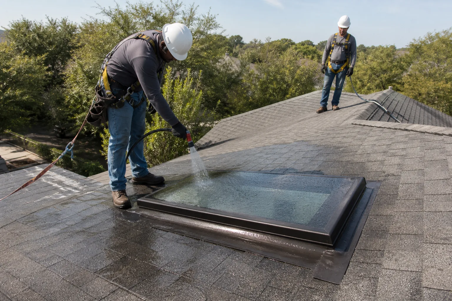 Controlled roof water test verifying a completed flashing repair