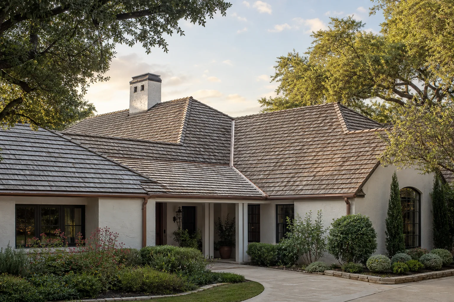 Completed architectural shingle roof with crisp valleys and ridge lines