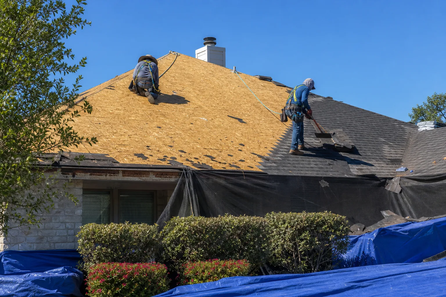 Roofing crew completing a full tear-off and shingle roof installation on an Austin home