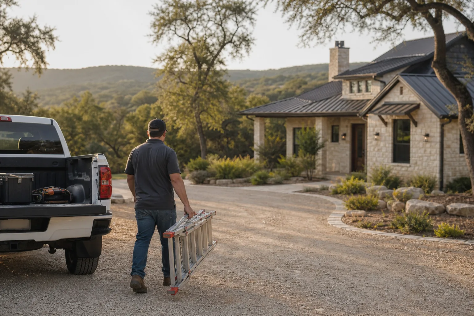 Havenridge service truck arriving along a Central Texas Hill Country road