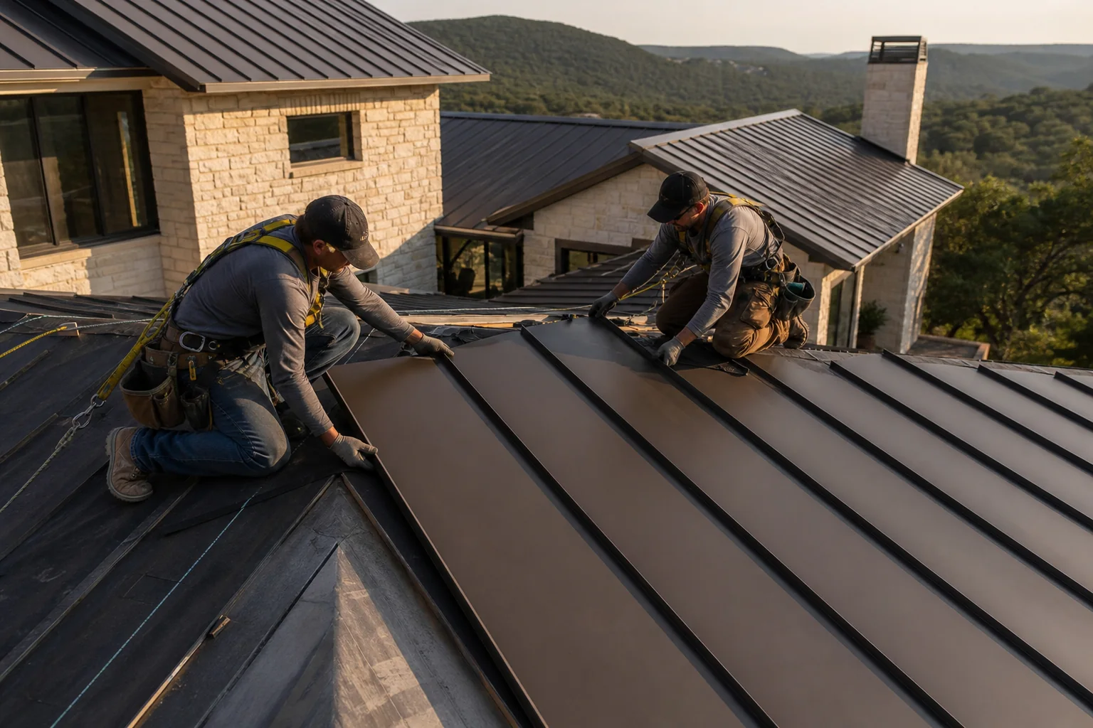 Roofers installing bronze standing-seam metal panels on a Hill Country home