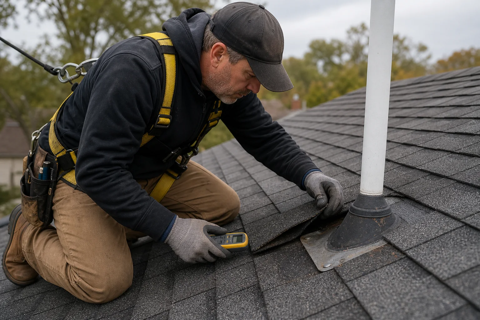 Roofing technician tracing a roof leak at a vent penetration