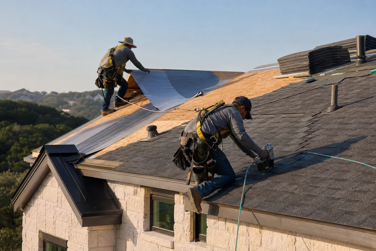 Roofers installing architectural shingles and underlayment on a Central Texas home