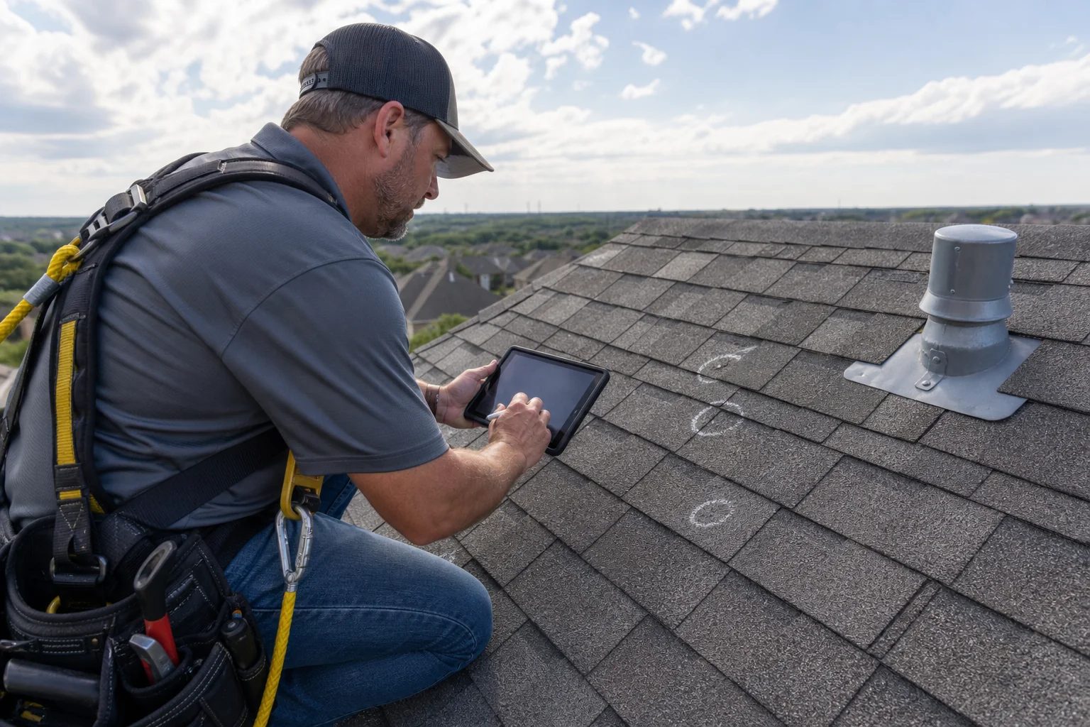 Roofing specialist documenting storm conditions on a shingle roof