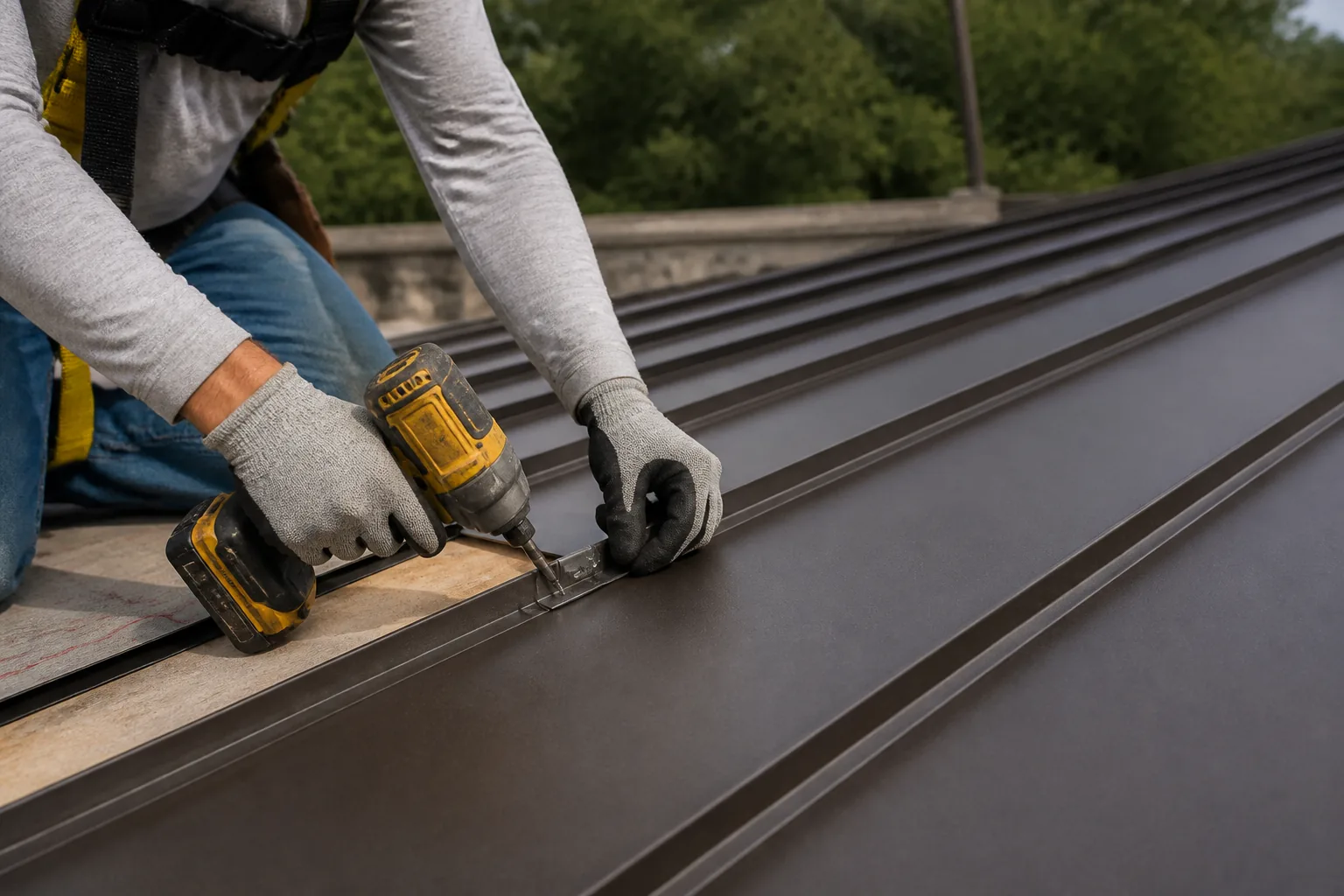 Close architectural view of a clean concealed-fastener standing-seam roof