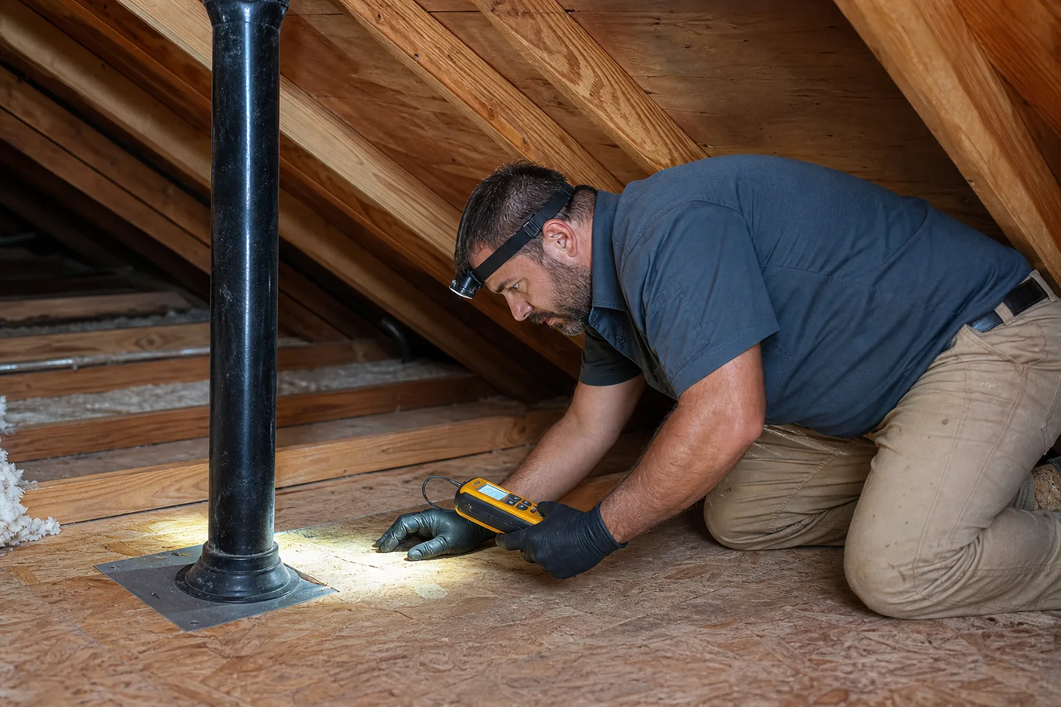 Roofing specialist diagnosing a localized roof leak at an exterior transition