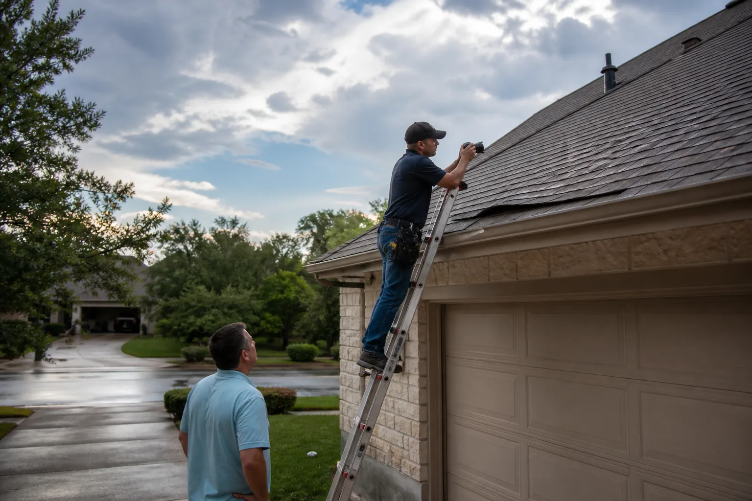 Roofing specialist inspecting storm effects along a residential roof edge