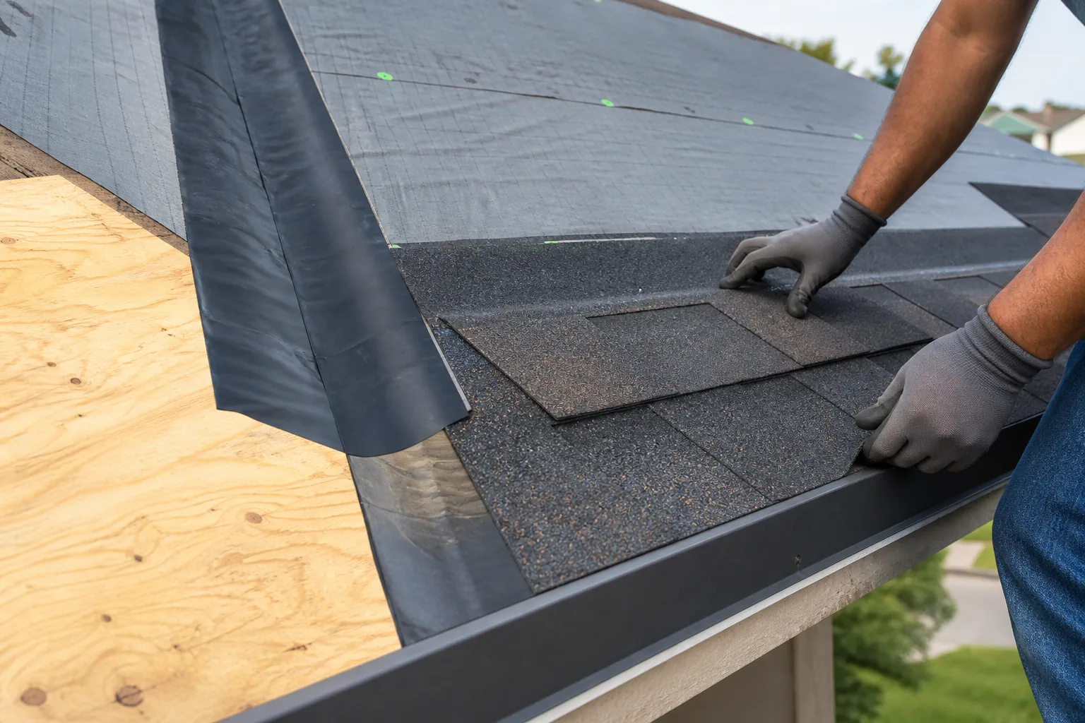 Roof assembly layers exposed in a precise installation detail