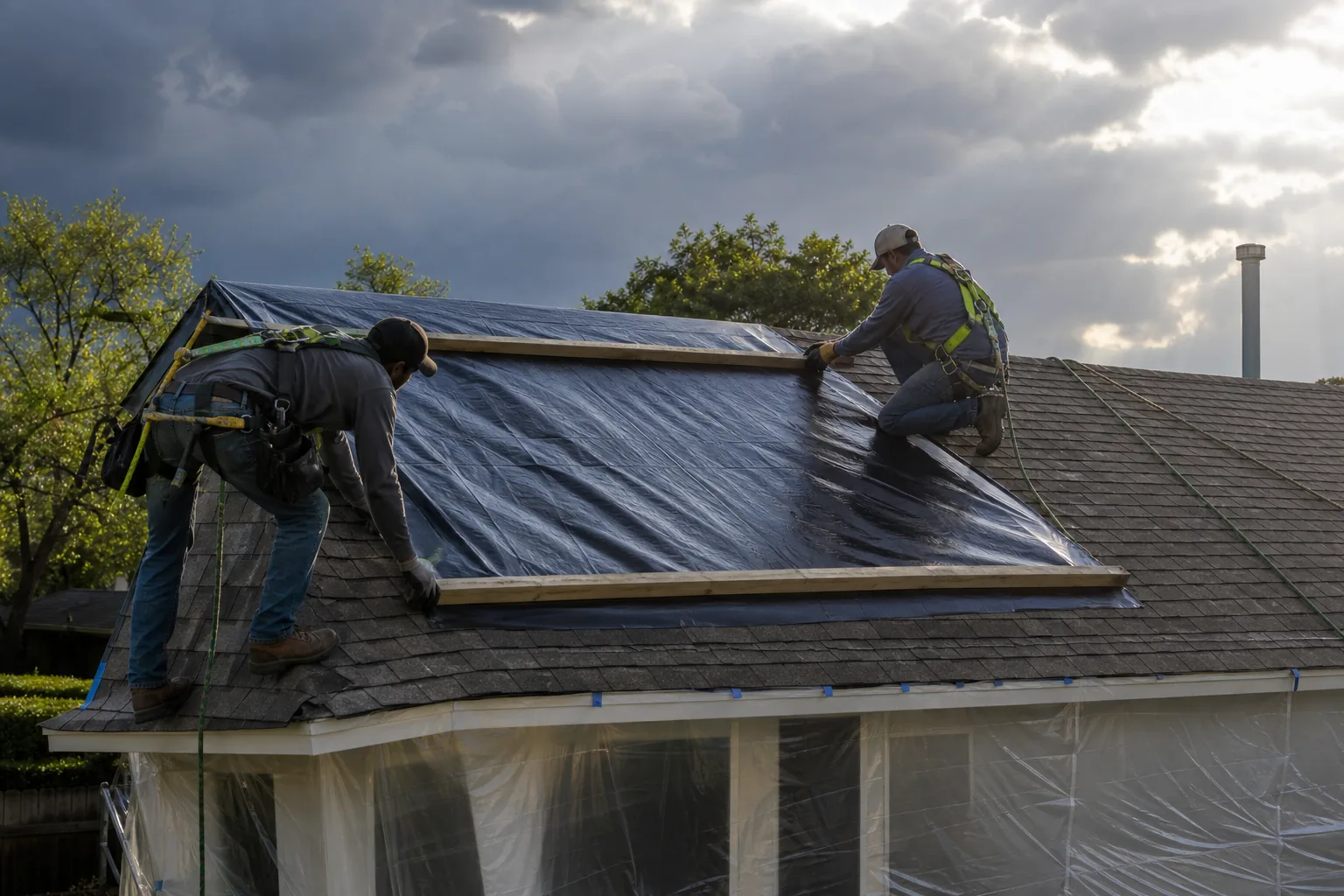 Roofing crew securing temporary dry-in protection over a storm opening