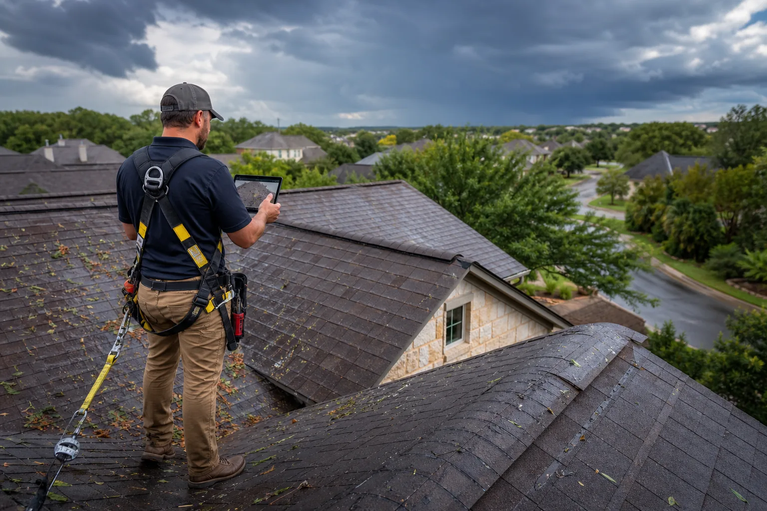 Roofing specialist conducting a documented roof inspection after a Central Texas storm